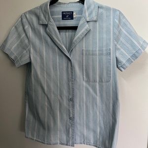 Button Down Short Sleeve Camp Shirt Light Blue with White Stripe Size S